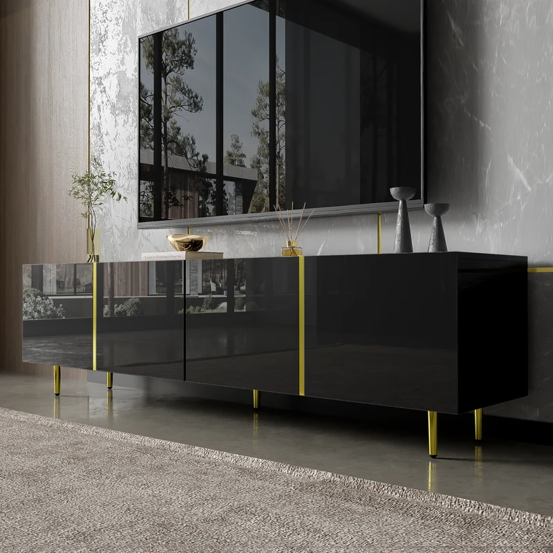 Meuble TV noir laqué 4 portes avec accents dorés 170*35*46cm QAHRELS