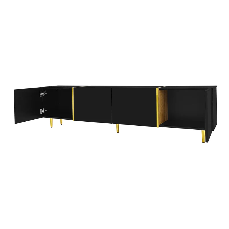 Meuble TV noir laqué 4 portes avec accents dorés 170*35*46cm QAHRELS