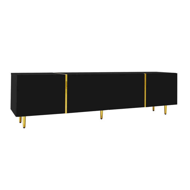Meuble TV noir laqué 4 portes avec accents dorés 170*35*46cm QAHRELS
