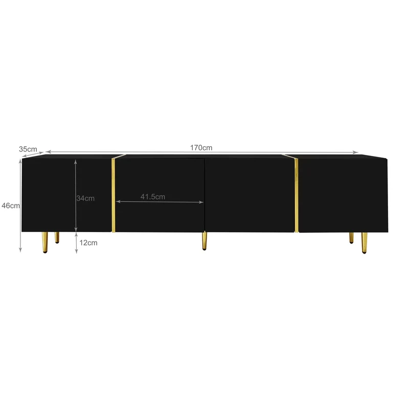 Meuble TV noir laqué 4 portes avec accents dorés 170*35*46cm QAHRELS