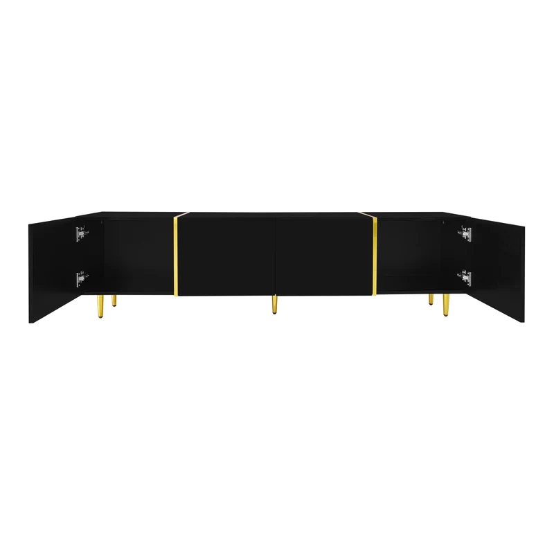 Meuble TV noir laqué 4 portes avec accents dorés 170*35*46cm QAHRELS