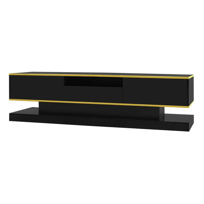 Meuble TV noir laqué éclairage LED et accents dorés ZILPHUS