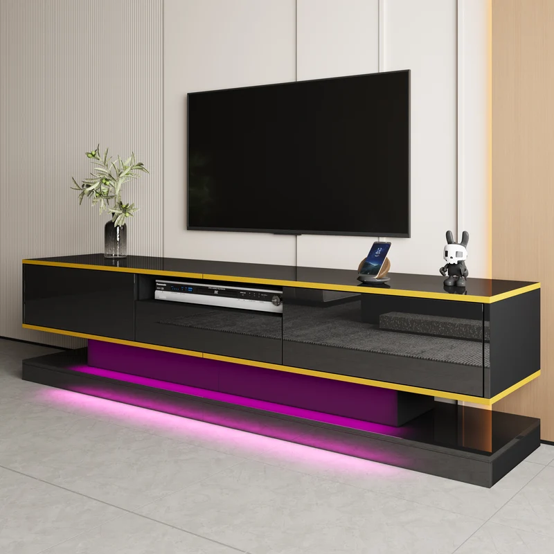 Meuble TV noir laqué éclairage LED et accents dorés ZILPHUS