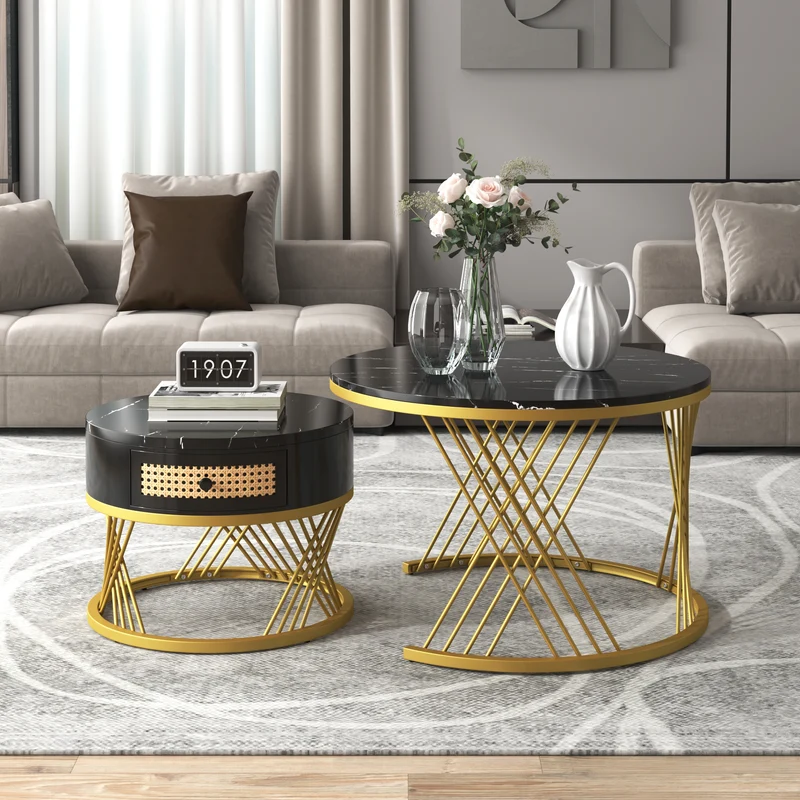 Ensemble de 2 tables basses gigognes rondes effet marbre noir et rotin EGNIERS BLACK