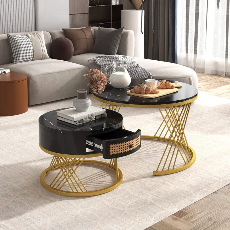 Ensemble de 2 tables basses gigognes rondes effet marbre noir et rotin EGNIERS BLACK