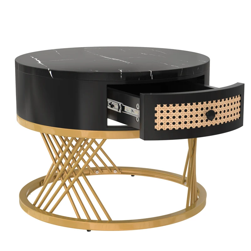 Ensemble de 2 tables basses gigognes rondes effet marbre noir et rotin EGNIERS BLACK