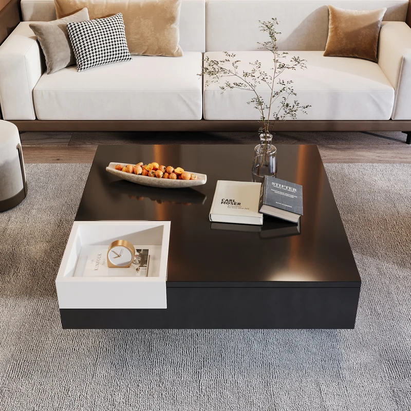 Table basse carrée noir blanc bicolore éclairage LED avec boîte de rangement amovible CROKS BLACK