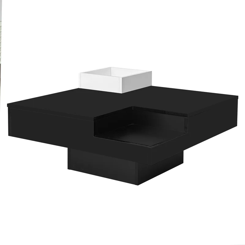 Table basse carrée noir blanc bicolore éclairage LED avec boîte de rangement amovible CROKS BLACK