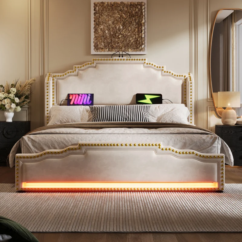 Lit king beige rembourré captionné royal avec éclairage LED et 4 tiroirs 160*200cm STOCZUTS KING BEIGE