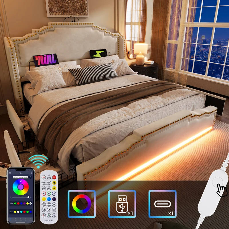 Lit king beige rembourré captionné royal avec éclairage LED et 4 tiroirs 160*200cm STOCZUTS KING BEIGE