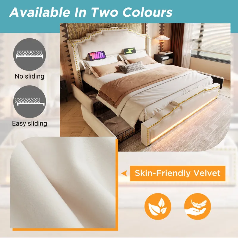 Lit king beige rembourré captionné royal avec éclairage LED et 4 tiroirs 160*200cm STOCZUTS KING BEIGE