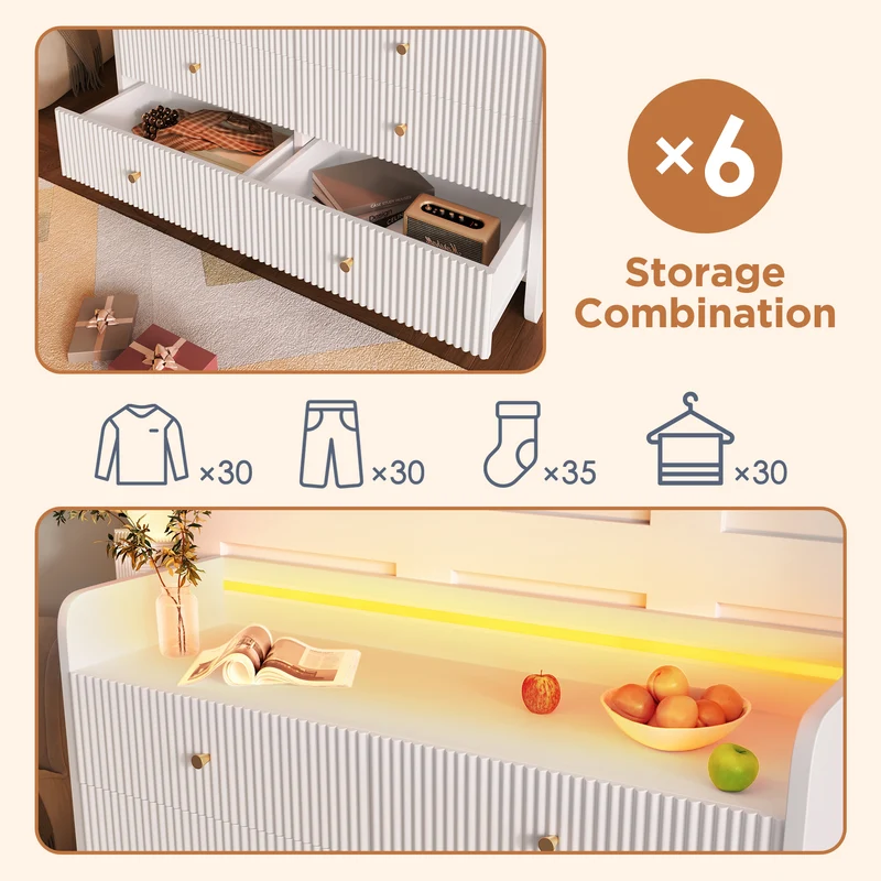Commode blanc motif cannelé 6 tiroirs avec éclairage LED poignées dorées TRAGVAX