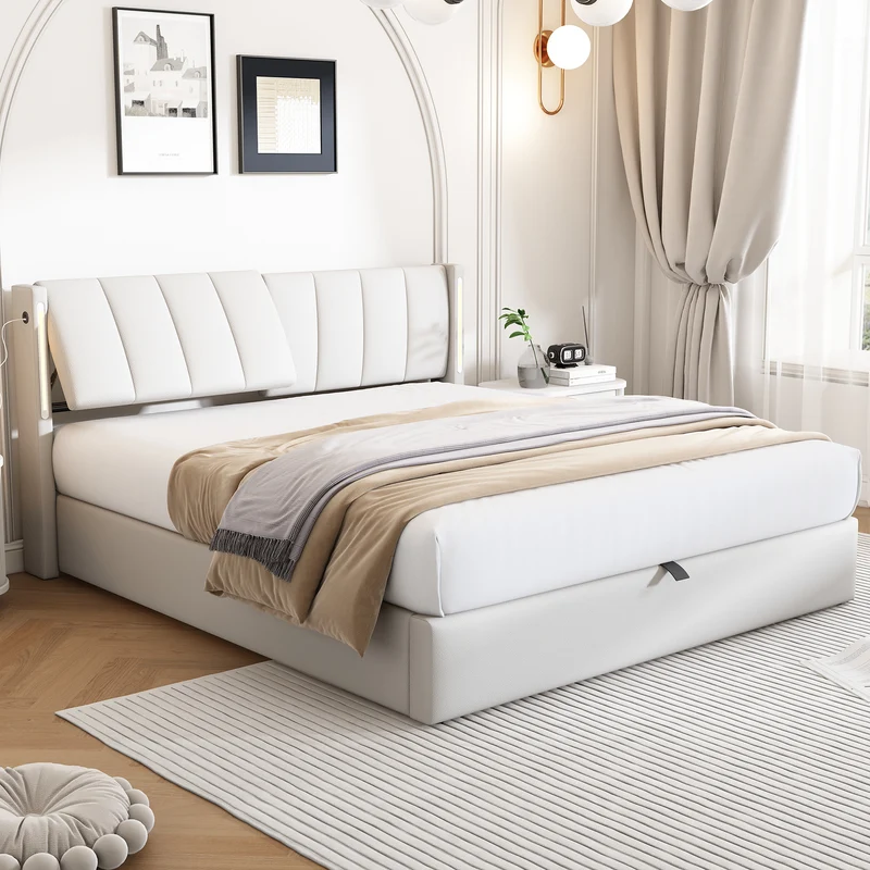 Lit coffre double PU blanc avec éclairage LED, USB et tête de lit réglable (140x200 cm) UDET WHITE DOUBLE