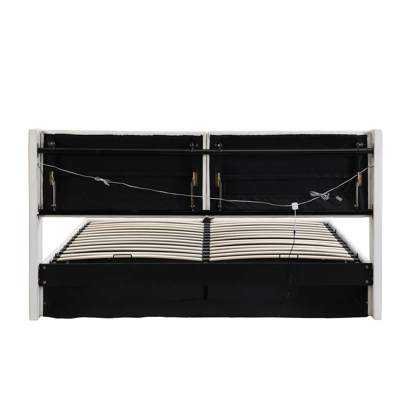 Lit coffre double PU blanc avec éclairage LED, USB et tête de lit réglable (140x200 cm) UDET WHITE DOUBLE