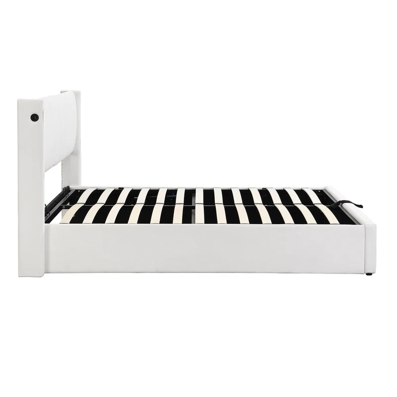 Lit coffre double PU blanc avec éclairage LED, USB et tête de lit réglable (140x200 cm) UDET WHITE DOUBLE