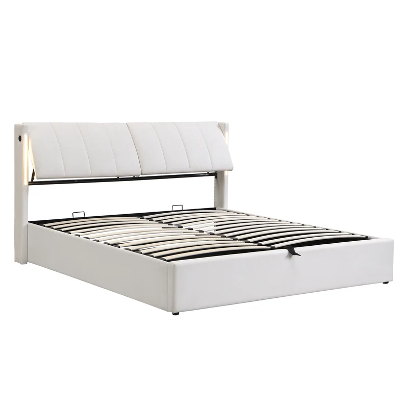 Lit coffre double PU blanc avec éclairage LED, USB et tête de lit réglable (140x200 cm) UDET WHITE DOUBLE