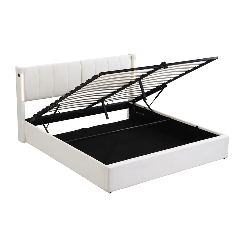 Lit coffre double PU blanc avec éclairage LED, USB et tête de lit réglable (140x200 cm) UDET WHITE DOUBLE