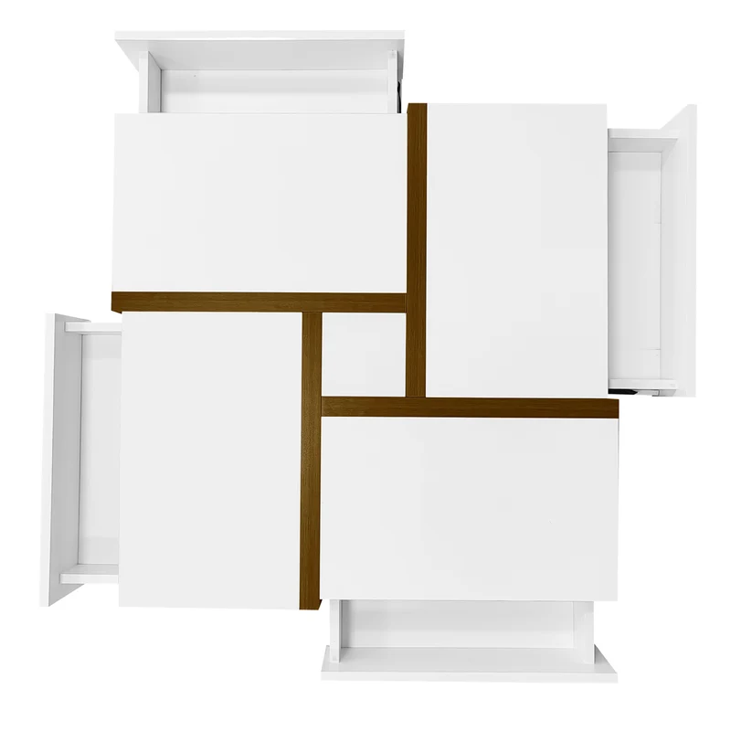 Table basse carrée blanche brillante avec 4 tiroirs et design géométrique 78*78*34,8 cm THURLUNS