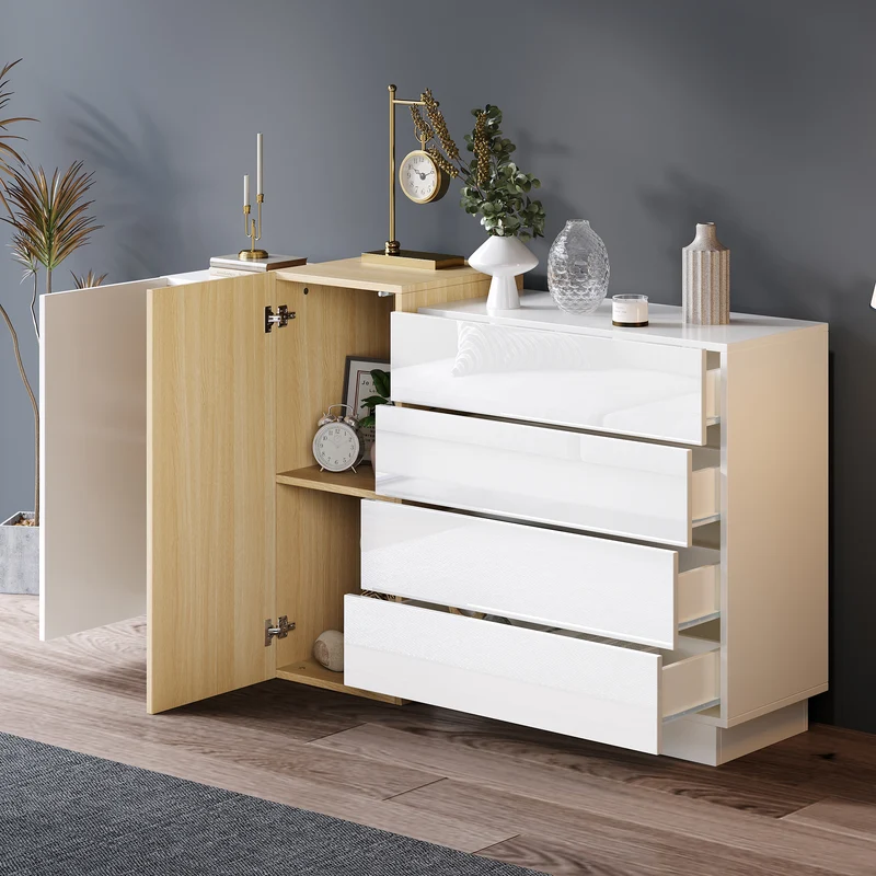 Buffet blanc brillant effet bois 4 tiroirs et 2 portes 140*35*81cm GREXEDS