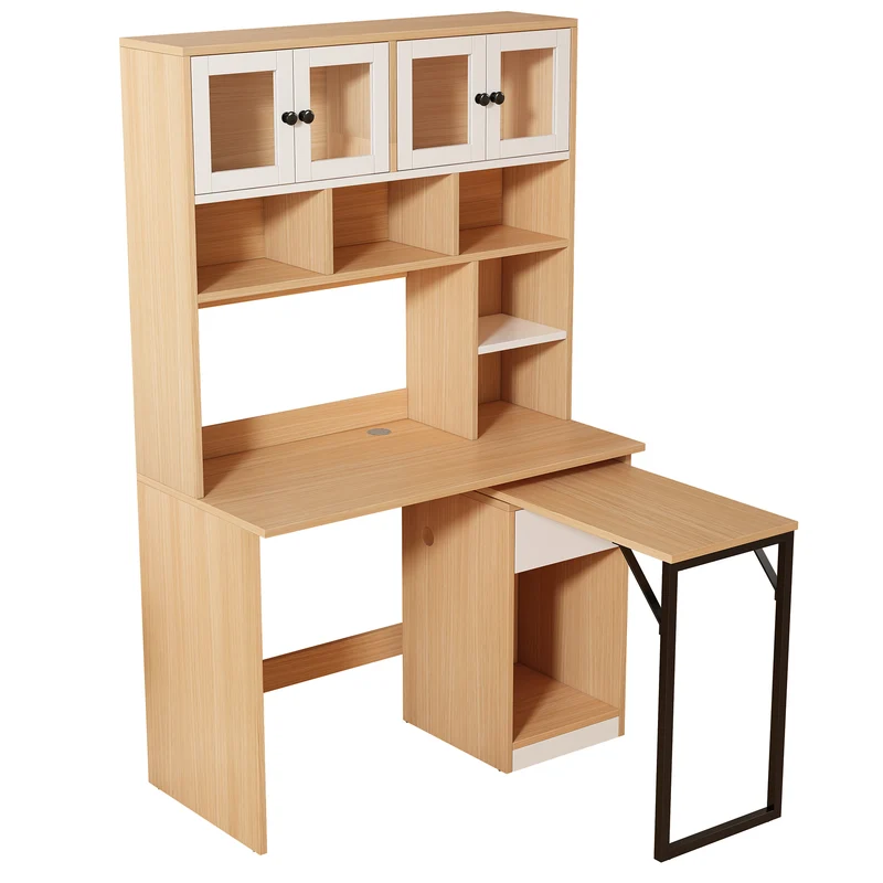 Bureau effet bois avec étagère rangement tablette rétractable 110*55*180cm ACIL