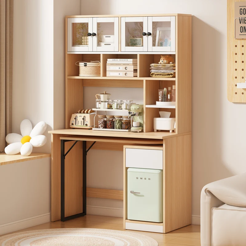 Bureau effet bois avec étagère rangement tablette rétractable 110*55*180cm ACIL