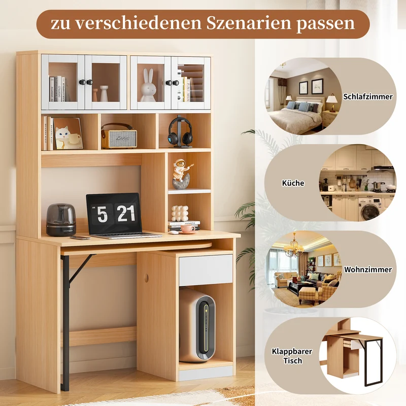 Bureau effet bois avec étagère rangement tablette rétractable 110*55*180cm ACIL