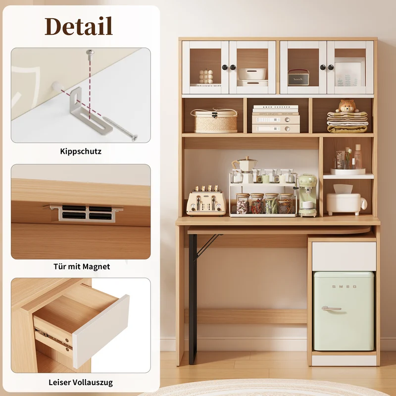 Bureau effet bois avec étagère rangement tablette rétractable 110*55*180cm ACIL