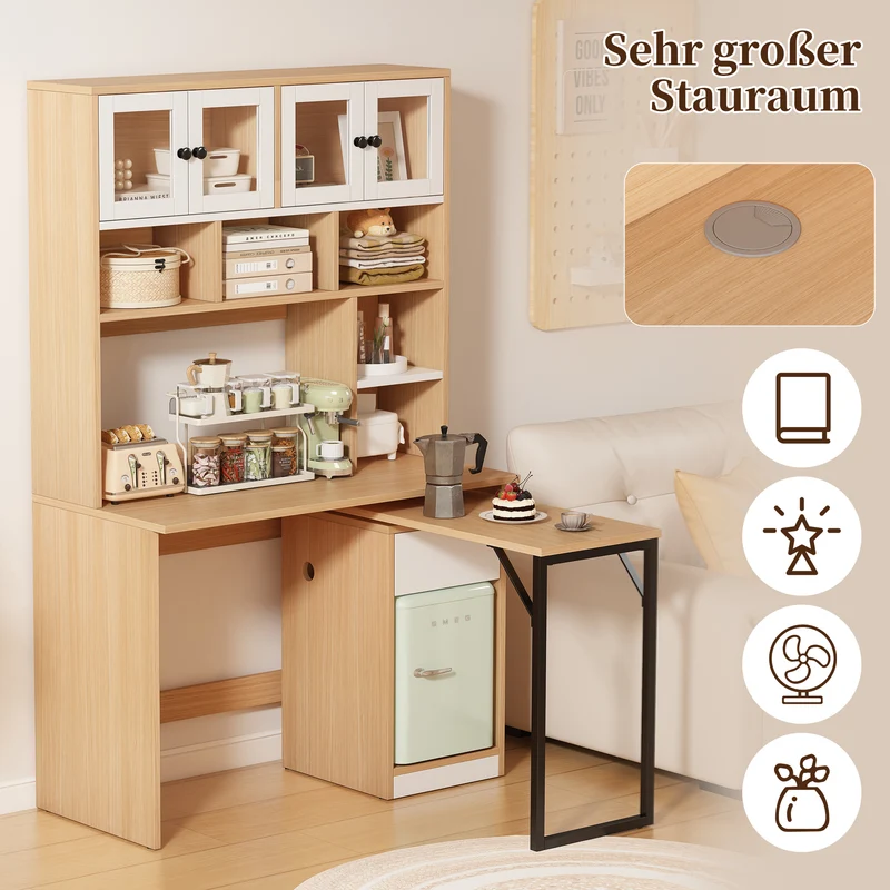 Bureau effet bois avec étagère rangement tablette rétractable 110*55*180cm ACIL