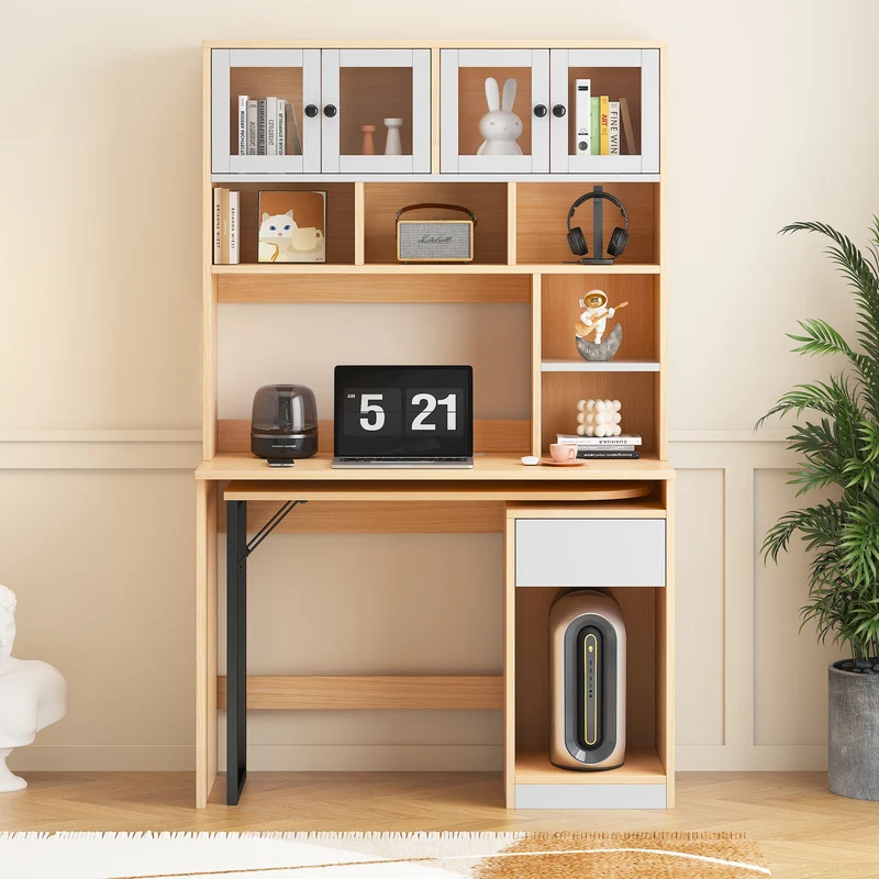 Bureau effet bois avec étagère rangement tablette rétractable 110*55*180cm ACIL