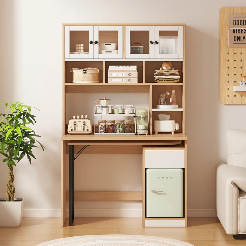 Bureau effet bois avec étagère rangement tablette rétractable 110*55*180cm ACIL