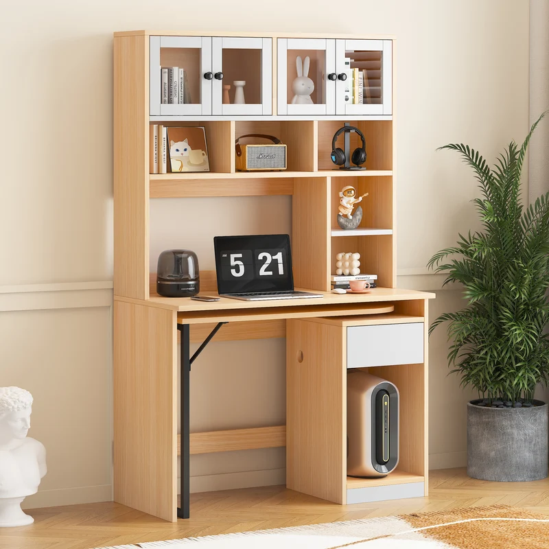 Bureau effet bois avec étagère rangement tablette rétractable 110*55*180cm ACIL