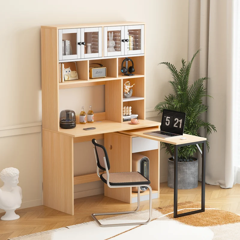 Bureau effet bois avec étagère rangement tablette rétractable 110*55*180cm ACIL