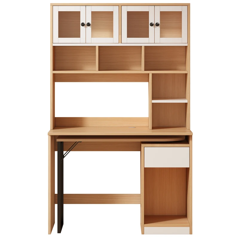 Bureau effet bois avec étagère rangement tablette rétractable 110*55*180cm ACIL
