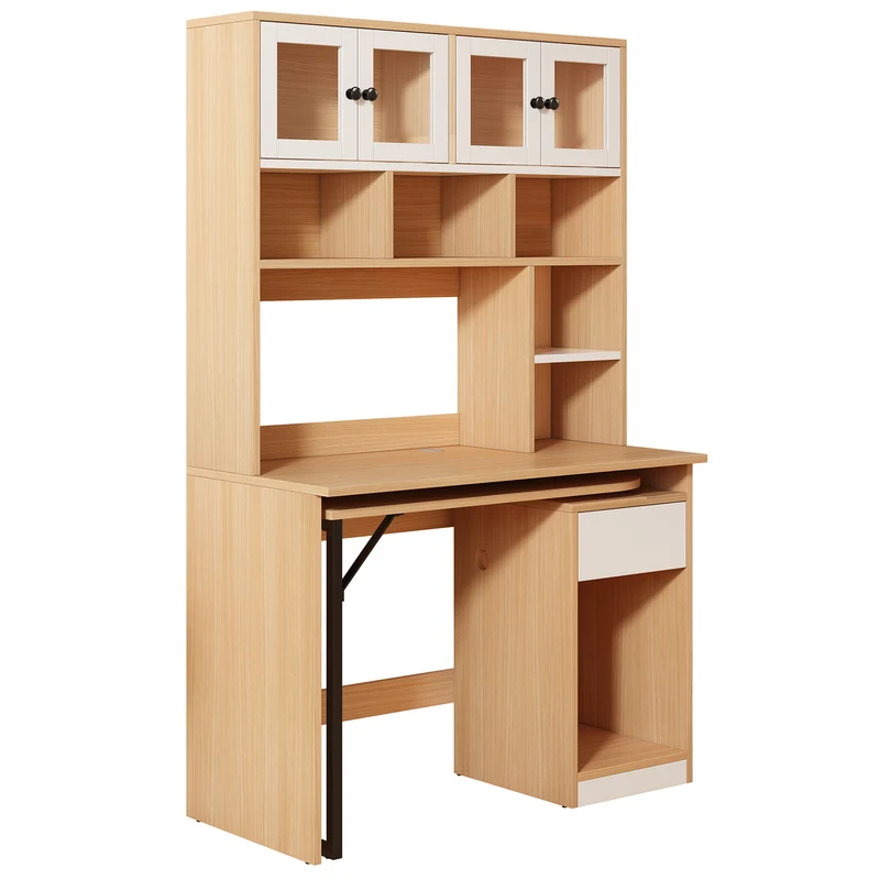 Bureau effet bois avec étagère rangement tablette rétractable 110*55*180cm ACIL