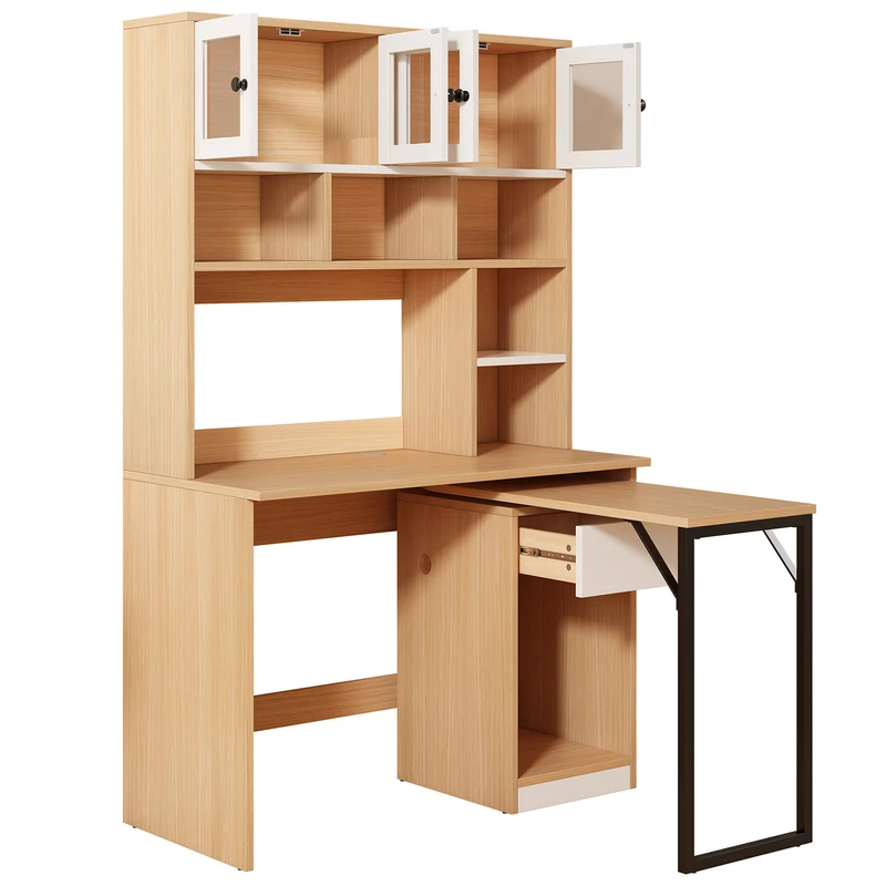 Bureau effet bois avec étagère rangement tablette rétractable 110*55*180cm ACIL