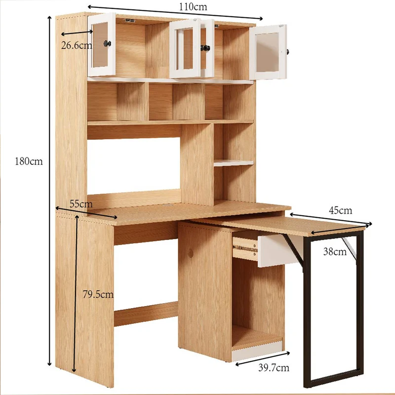 Bureau effet bois avec étagère rangement tablette rétractable 110*55*180cm ACIL