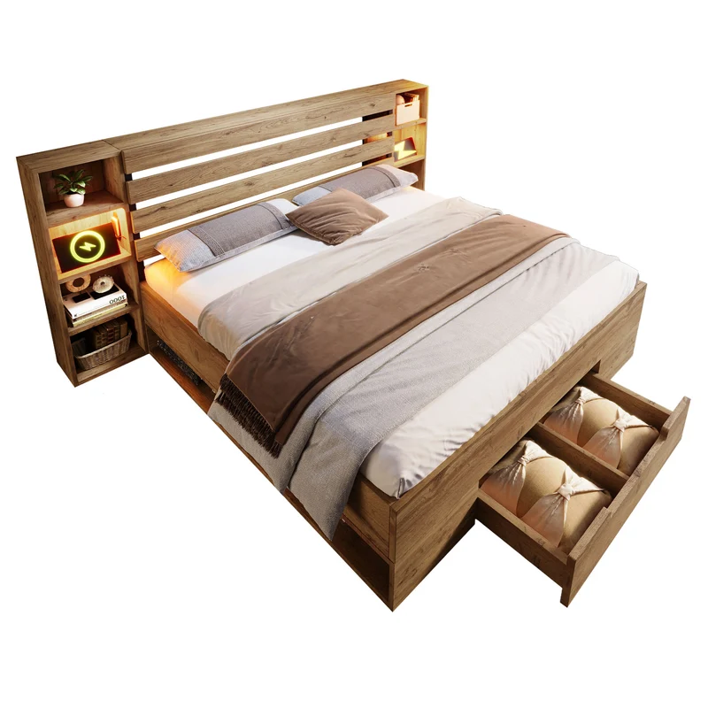 Lit coffre double avec éclairage LED étagères et tiroirs rangement prise USB C 180×200cm (sans matelas) IESSAES KING