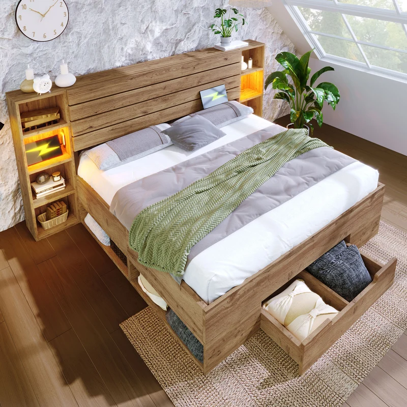 Lit coffre double avec éclairage LED étagères et tiroirs rangement prise USB C 180×200cm (sans matelas) IESSAES KING