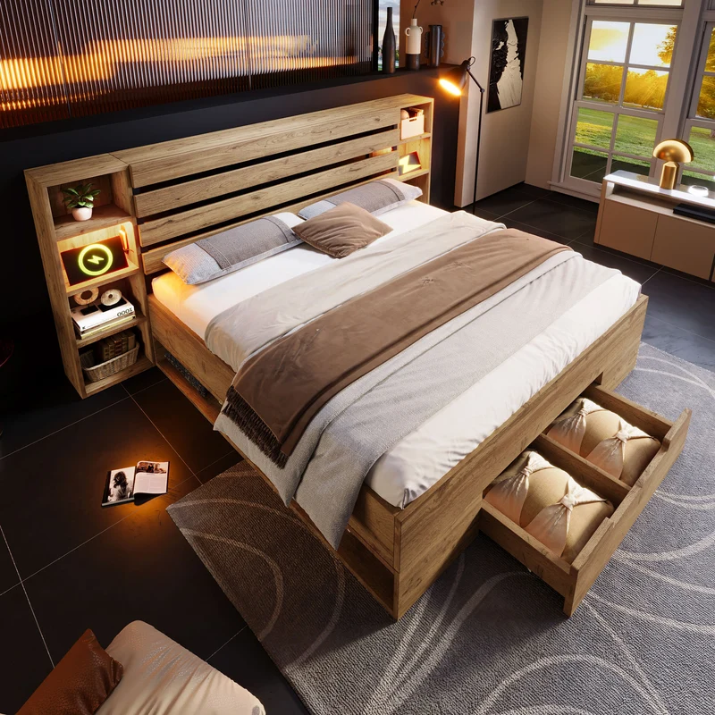 Lit coffre double avec éclairage LED étagères et tiroirs rangement prise USB C 180×200cm (sans matelas) IESSAES KING