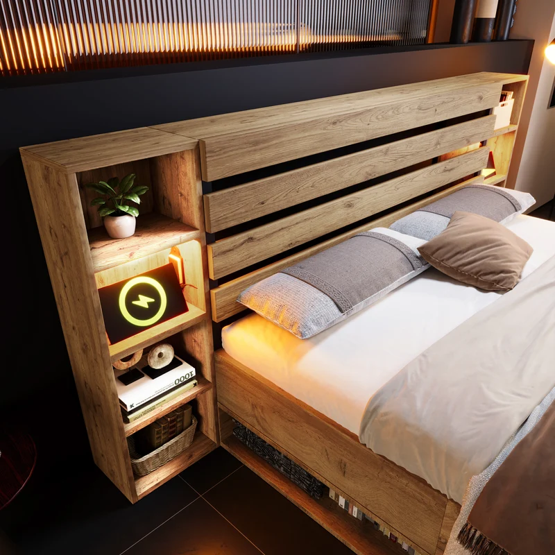 Lit coffre double avec éclairage LED étagères et tiroirs rangement prise USB C 180×200cm (sans matelas) IESSAES KING