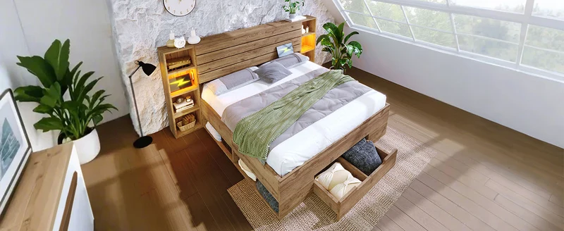 Lit coffre double avec éclairage LED étagères et tiroirs rangement prise USB C 180×200cm (sans matelas) IESSAES KING