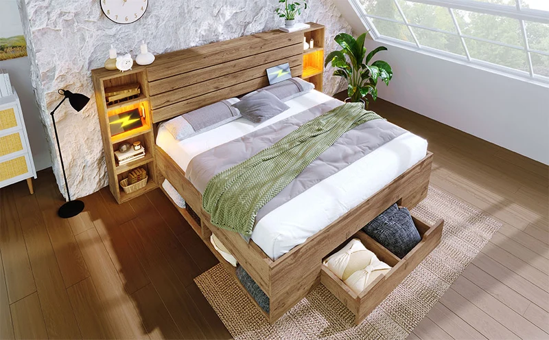 Lit coffre double avec éclairage LED étagères et tiroirs rangement prise USB C 180×200cm (sans matelas) IESSAES KING
