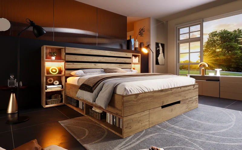 Lit coffre double avec éclairage LED étagères et tiroirs rangement prise USB C 180×200cm (sans matelas) IESSAES KING