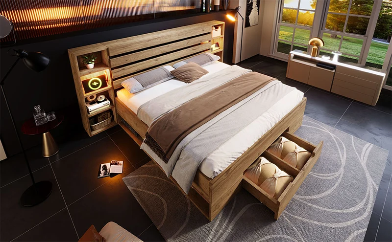 Lit coffre double avec éclairage LED étagères et tiroirs rangement prise USB C 180×200cm (sans matelas) IESSAES KING