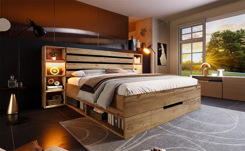 Lit coffre double avec éclairage LED étagères et tiroirs rangement prise USB C 180×200cm (sans matelas) IESSAES KING