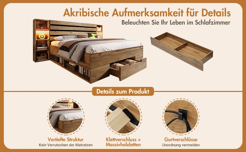 Lit coffre double avec éclairage LED étagères et tiroirs rangement prise USB C 180×200cm (sans matelas) IESSAES KING