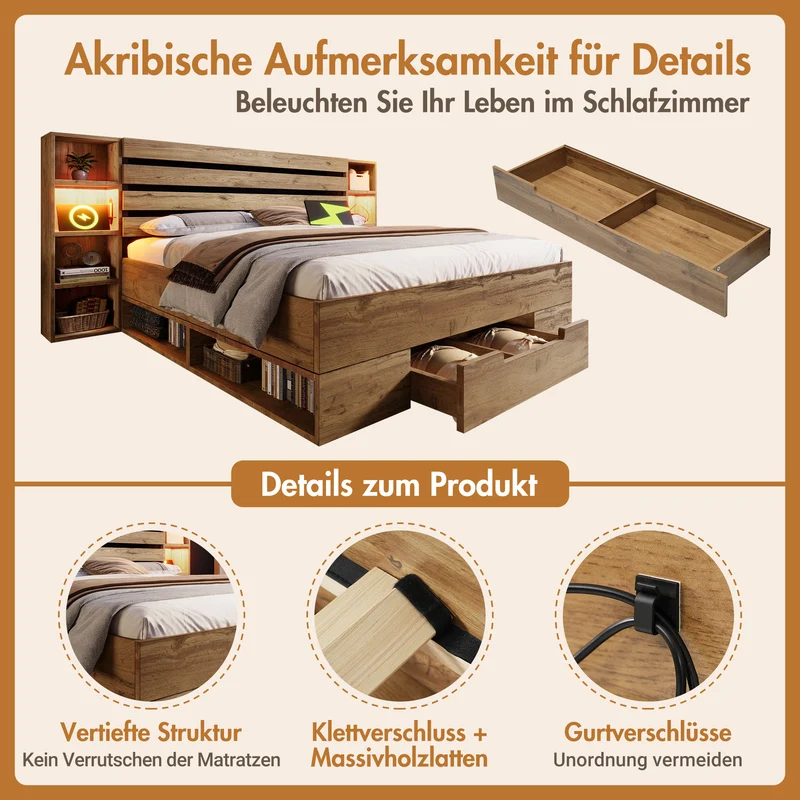Lit coffre double avec éclairage LED étagères et tiroirs rangement prise USB C 180×200cm (sans matelas) IESSAES KING