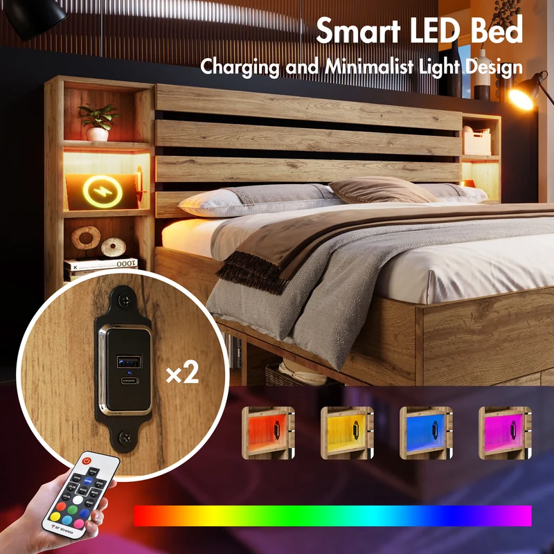 Lit coffre double avec éclairage LED étagères et tiroirs rangement prise USB C 180×200cm (sans matelas) IESSAES KING
