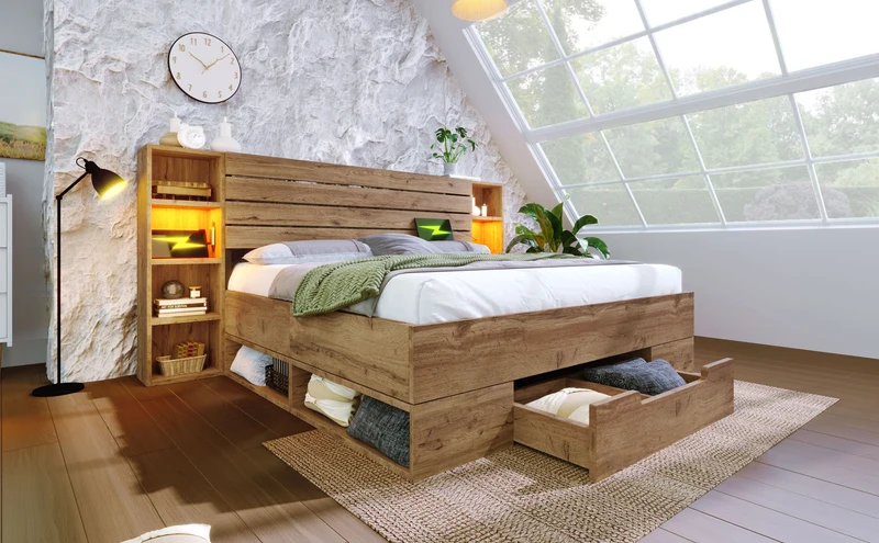 Lit coffre double avec éclairage LED étagères et tiroirs rangement prise USB C 180×200cm (sans matelas) IESSAES KING