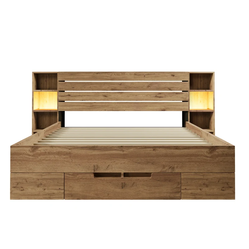 Lit coffre double avec éclairage LED étagères et tiroirs rangement prise USB C 180×200cm (sans matelas) IESSAES KING